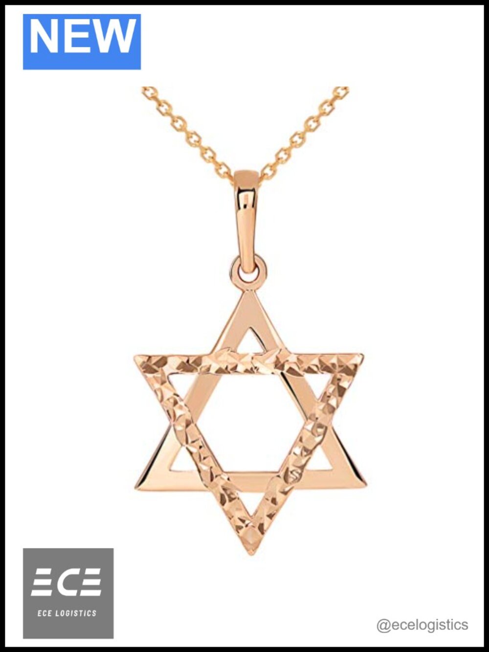 14k Rose Gold Star of David Pendant Necklace High Polished Sparkle Cut 22in